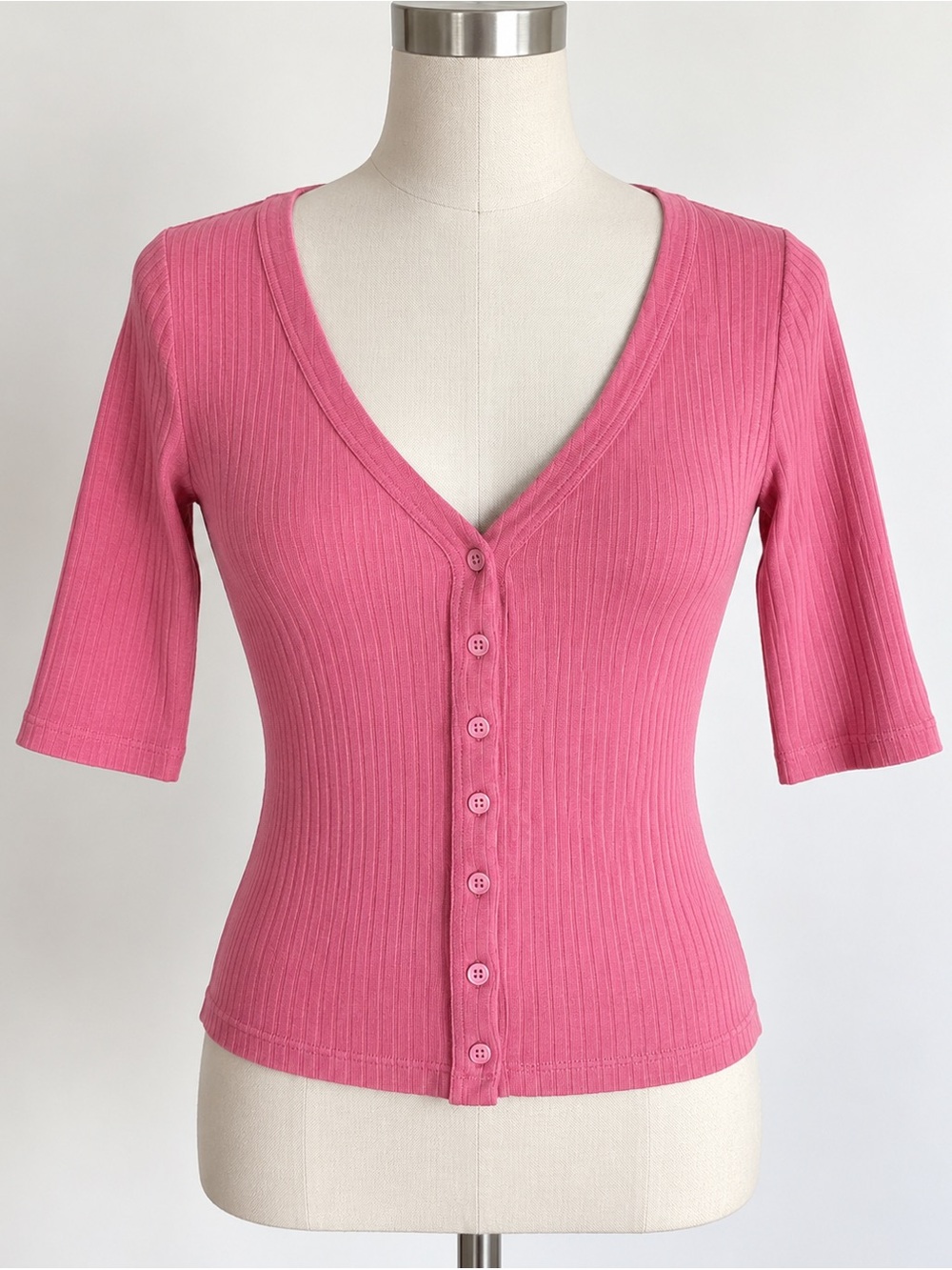 Gap Pink Ribbed V-Neck Button Front Top Size Small